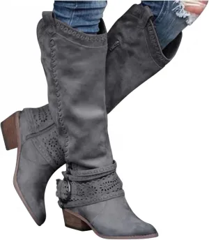 Gibobby Booties for Womens Mid Knee High Boots Chunky Heel Wide Calf Side Zipper Fashion Winter Cowboy Booties