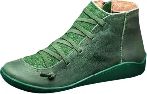 Gibobby Boots for Women Dressy Winter Casual Leather Side Zipper Round Toe Cowboy Booties Fall Flat Short Shoes Boots