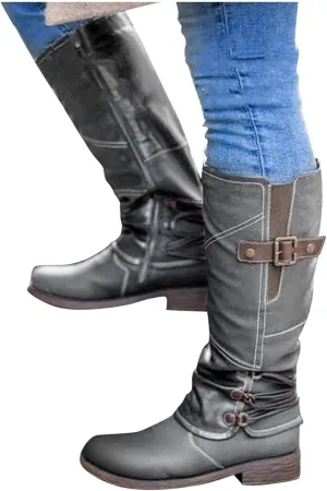Gibobby Boots for Women Knee High,Mid Waterproof Calf Boots Retro Low Heel Middle Tube Boots Buckle Combat Motorcycle Boots
