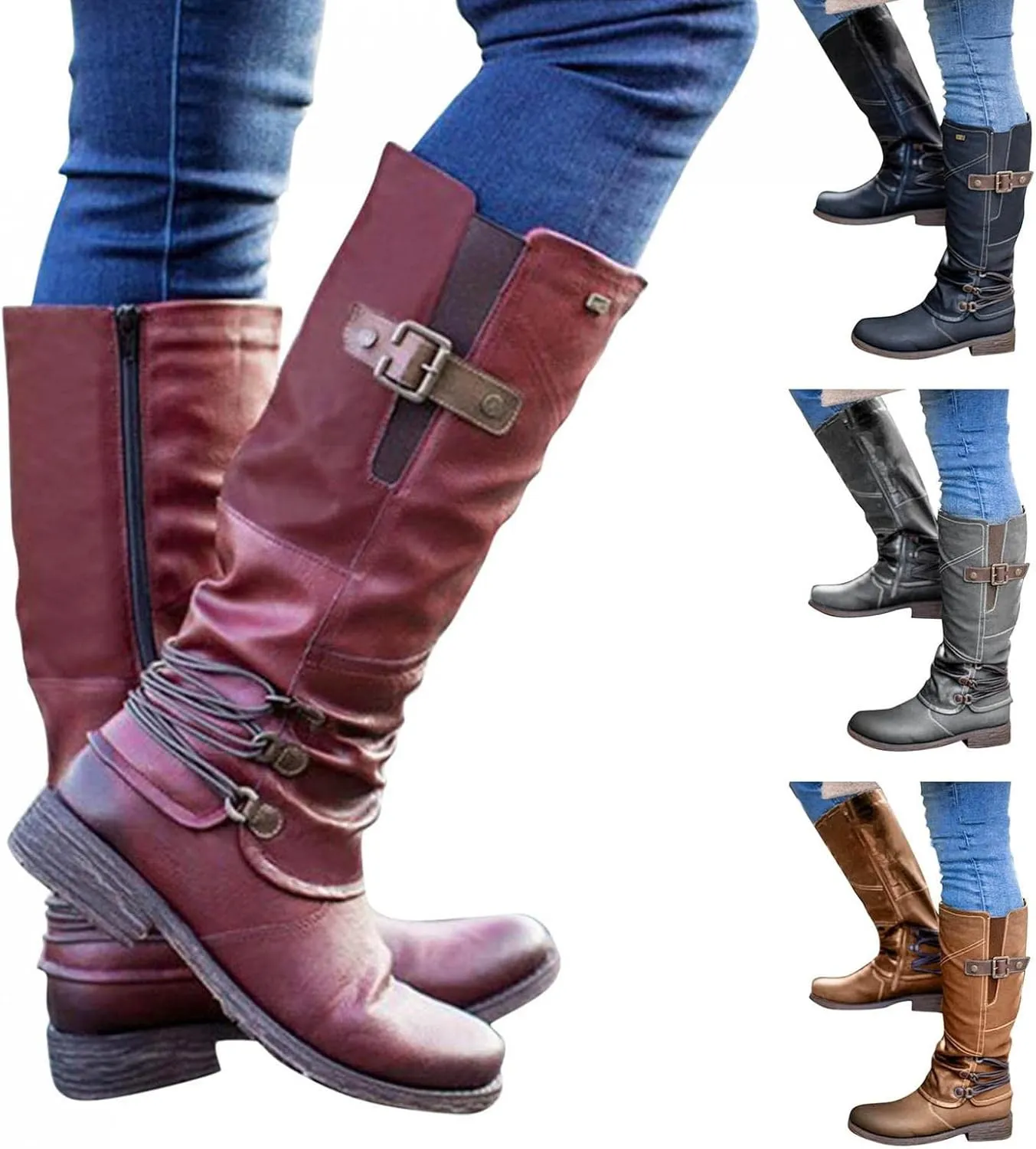 Gibobby Boots for Women Knee High,Mid Waterproof Calf Boots Retro Low Heel Middle Tube Boots Buckle Combat Motorcycle Boots