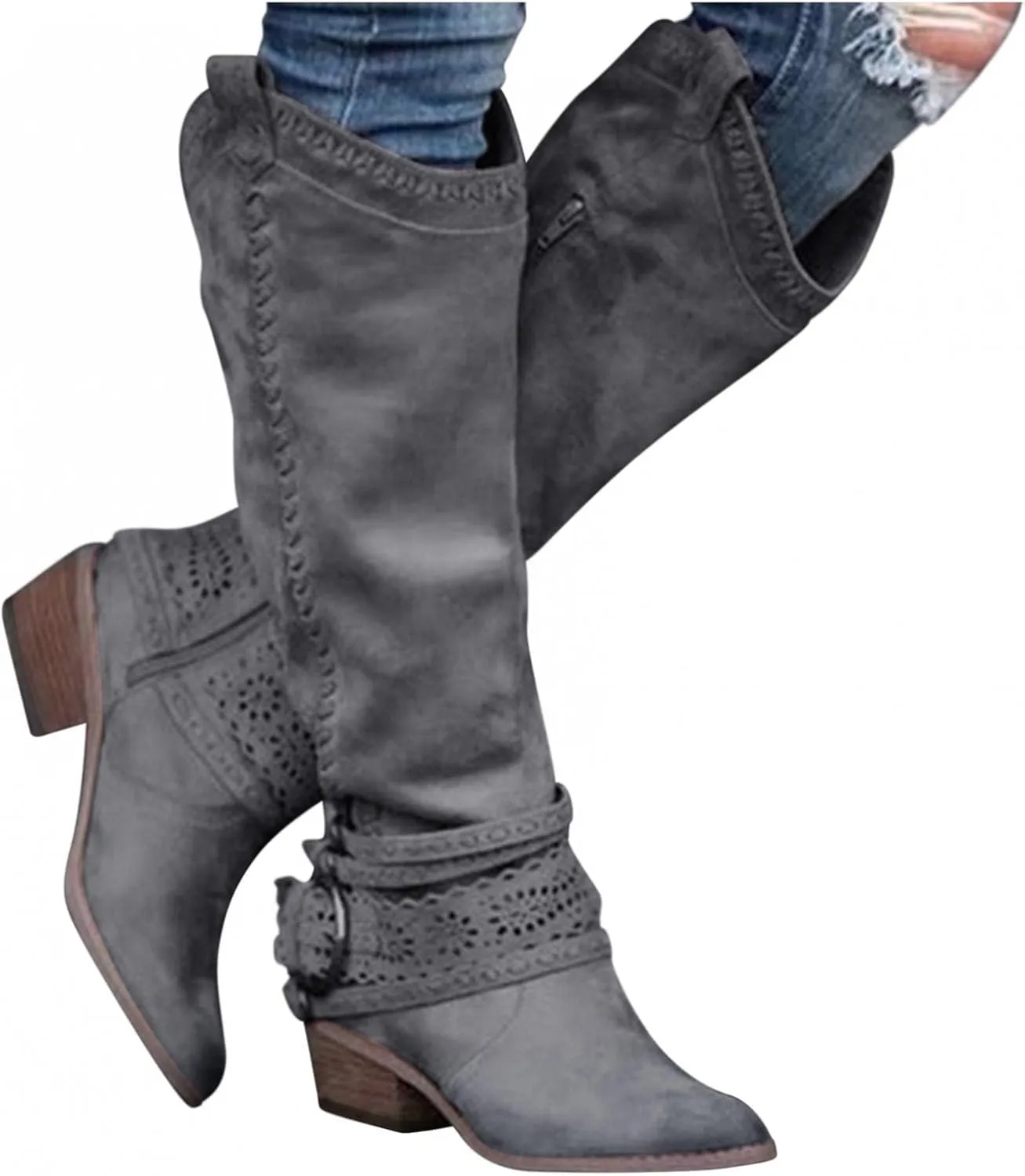 Gibobby Snow Boots for Women Mid Knee High Boots Chunky Heel Wide Calf Side Zip Fashion Winter Cowboy Booties