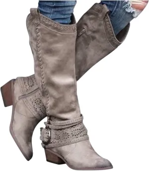 Gibobby Women Boots Mid Knee High Boots Chunky Heel Wide Calf Side Zip Fashion Winter Cowboy Booties