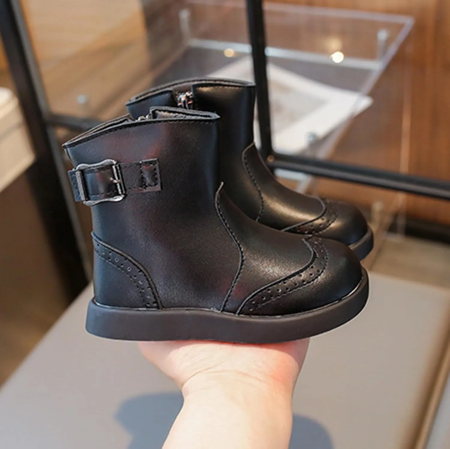 Girl Ankle Boots Soft Rubber Sole Low Heel Western Ankle Booties Kids Non-Slip Zipper Shoes with Pearl Decoration