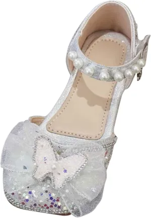 Girls Dress Shoes Cute Bow Mary Jane Shoes Ballerina with Satin Ankle Tie for Wedding Birthday Infant Sandals Girls (Silver, 12 Little Child)