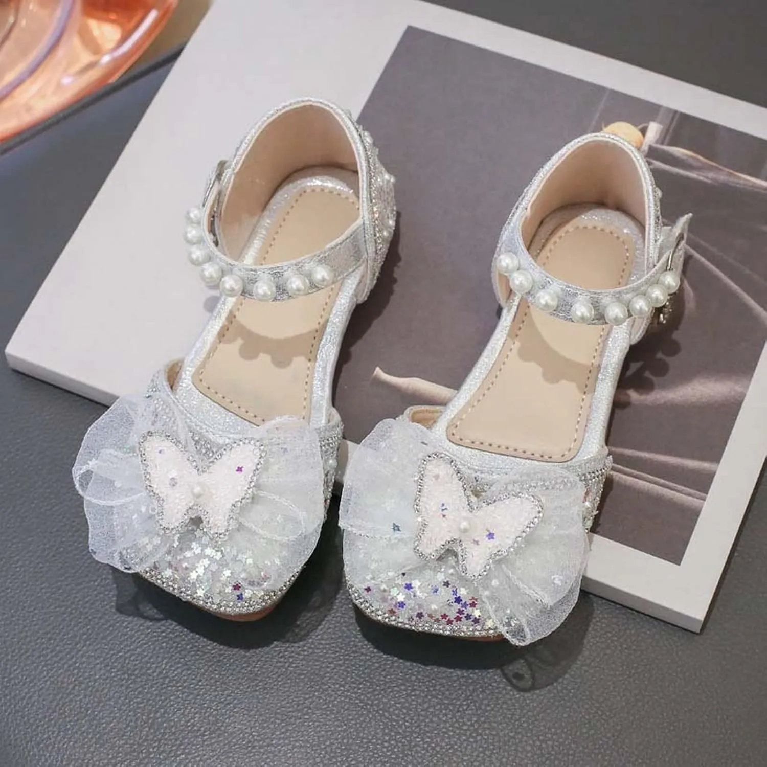 Girls Dress Shoes Cute Bow Mary Jane Shoes Ballerina with Satin Ankle Tie for Wedding Birthday Infant Sandals Girls (Silver, 12 Little Child)