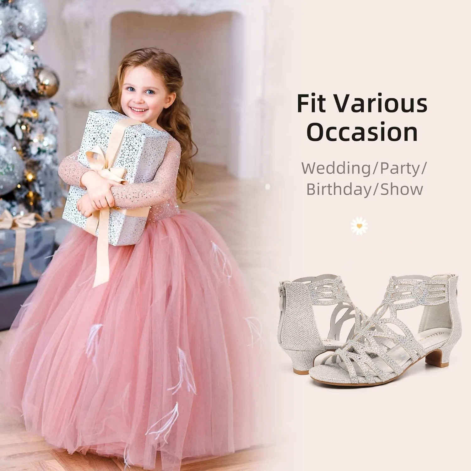 Girls High Heels Dress Pump Sandals Glitter Wedding Flower Party Princess Shoes for Kids Toddler