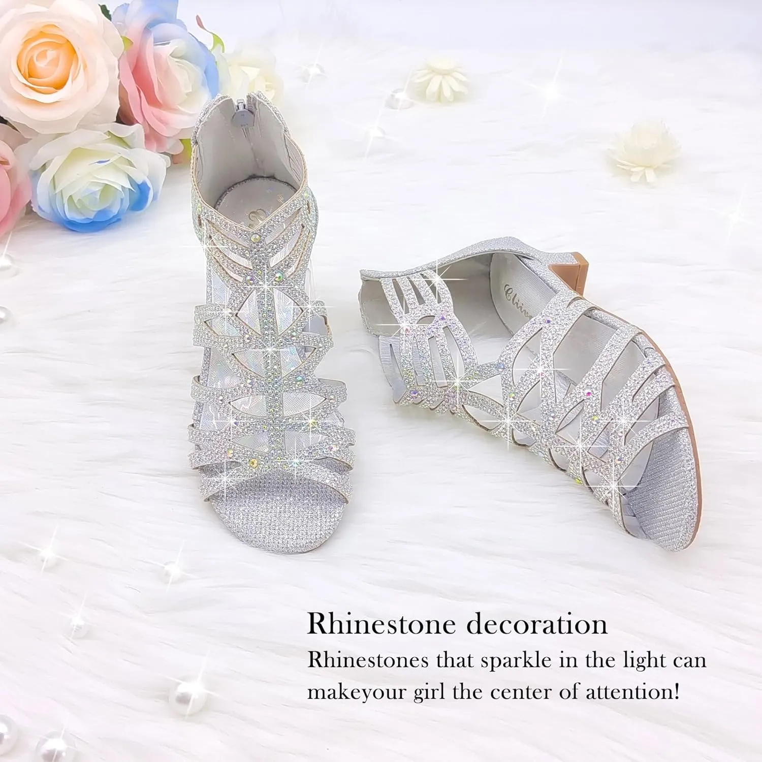 Girls High Heels Dress Pump Sandals Glitter Wedding Flower Party Princess Shoes for Kids Toddler