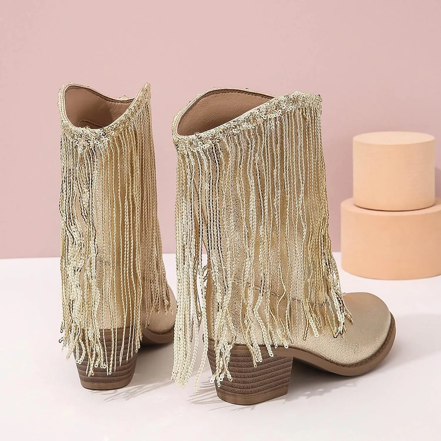 Girls Mid Calf Boots Kids Fashion Tassel Sequin Princess Boots High Heel Fall Boots Slip On Cowgirl Western Boots