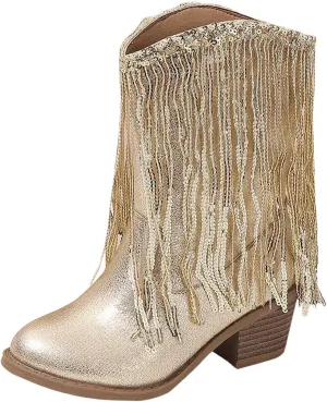 Girls Mid Calf Boots Kids Fashion Tassel Sequin Princess Boots High Heel Fall Boots Slip On Cowgirl Western Boots