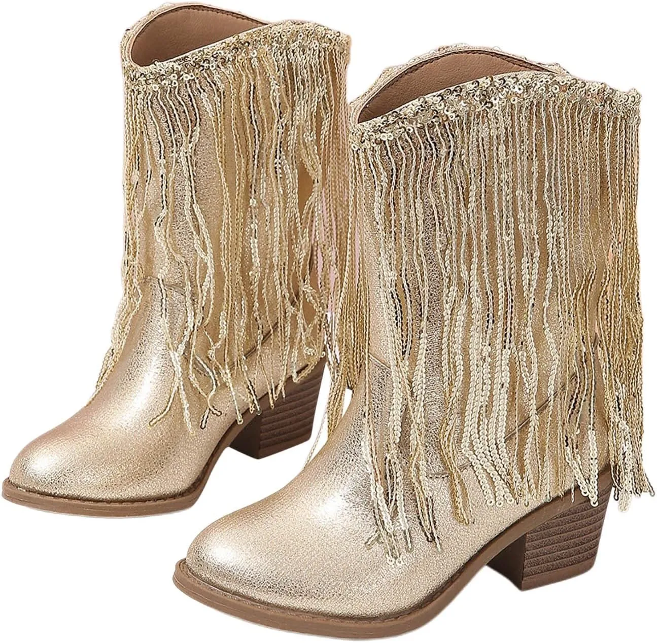 Girls Mid Calf Boots Kids Fashion Tassel Sequin Princess Boots High Heel Fall Boots Slip On Cowgirl Western Boots