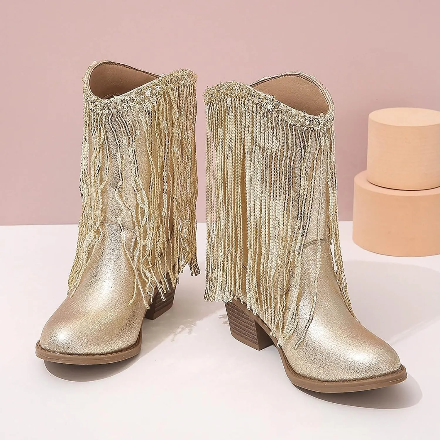 Girls Mid Calf Boots Kids Fashion Tassel Sequin Princess Boots High Heel Fall Boots Slip On Cowgirl Western Boots