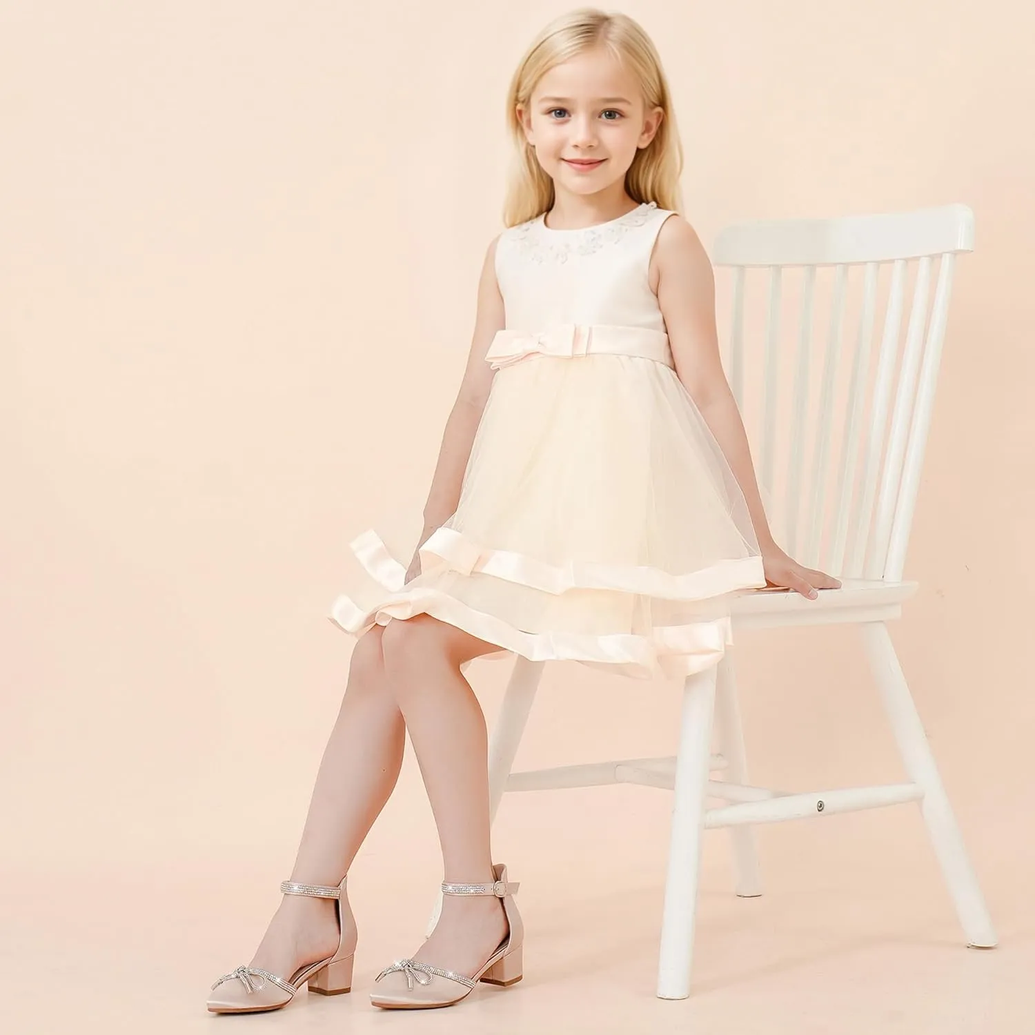 Girls Sandals Closed Toe High Heels Pointed Toe Ankle Strap Pumps Flower Girl Dressy Shoes in Wedding Party Cute Bowknot Chunky Block Heeled for Little Big Kids