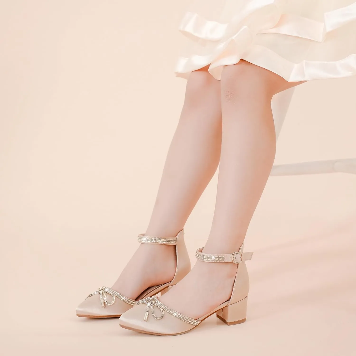 Girls Sandals Closed Toe High Heels Pointed Toe Ankle Strap Pumps Flower Girl Dressy Shoes in Wedding Party Cute Bowknot Chunky Block Heeled for Little Big Kids