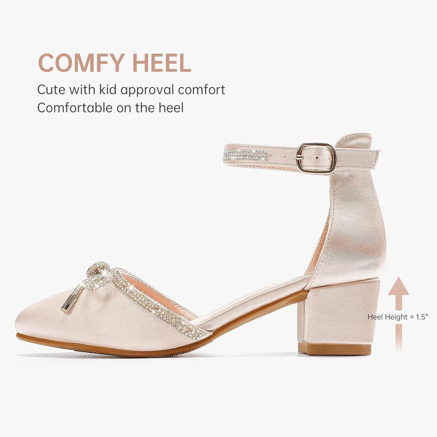 Girls Sandals Closed Toe High Heels Pointed Toe Ankle Strap Pumps Flower Girl Dressy Shoes in Wedding Party Cute Bowknot Chunky Block Heeled for Little Big Kids