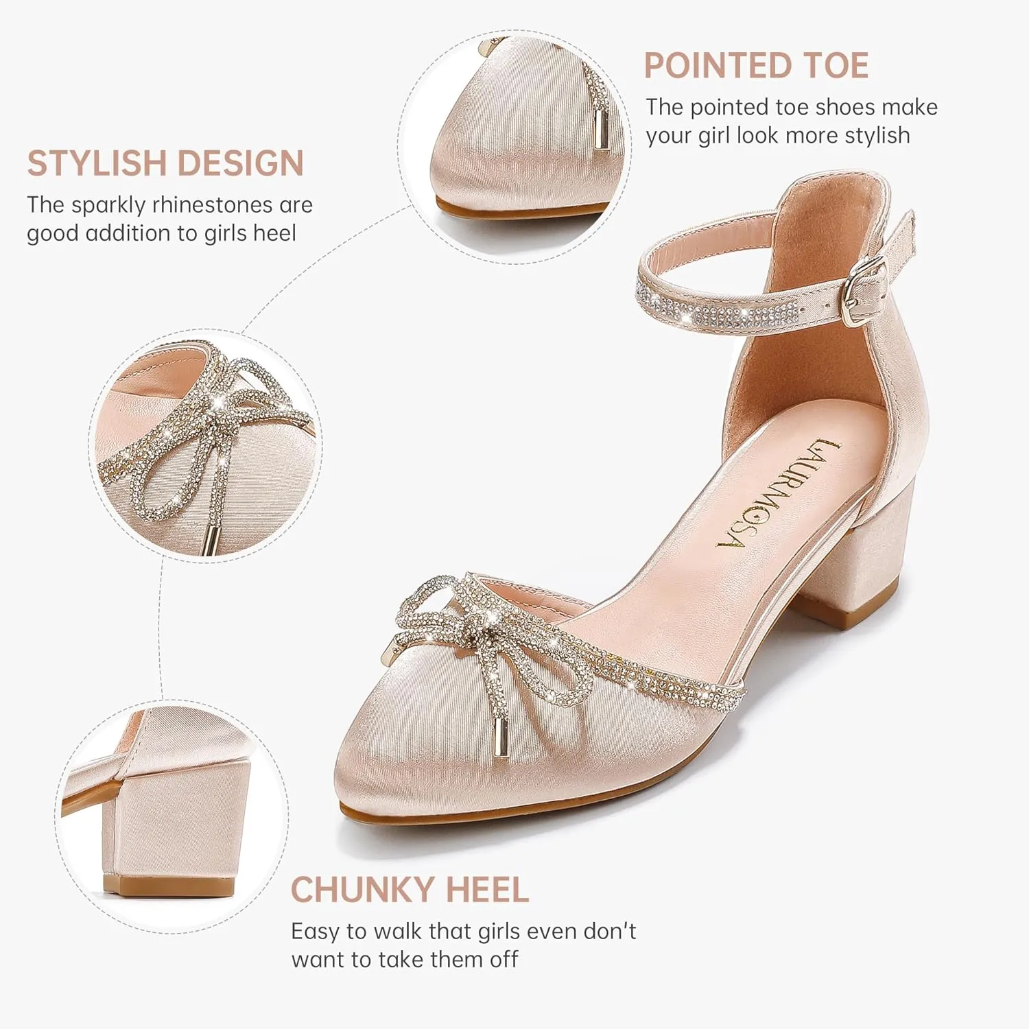 Girls Sandals Closed Toe High Heels Pointed Toe Ankle Strap Pumps Flower Girl Dressy Shoes in Wedding Party Cute Bowknot Chunky Block Heeled for Little Big Kids