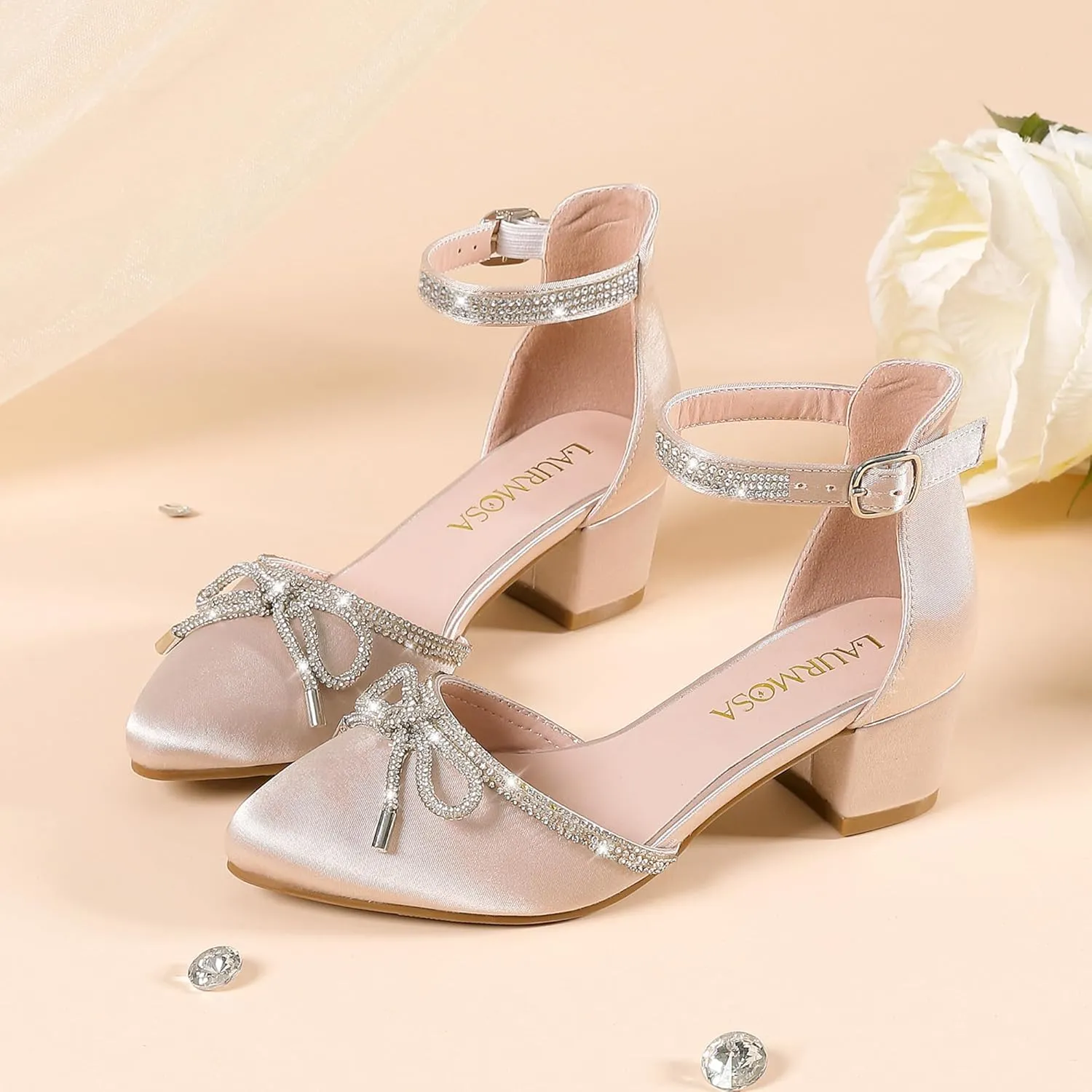 Girls Sandals Closed Toe High Heels Pointed Toe Ankle Strap Pumps Flower Girl Dressy Shoes in Wedding Party Cute Bowknot Chunky Block Heeled for Little Big Kids