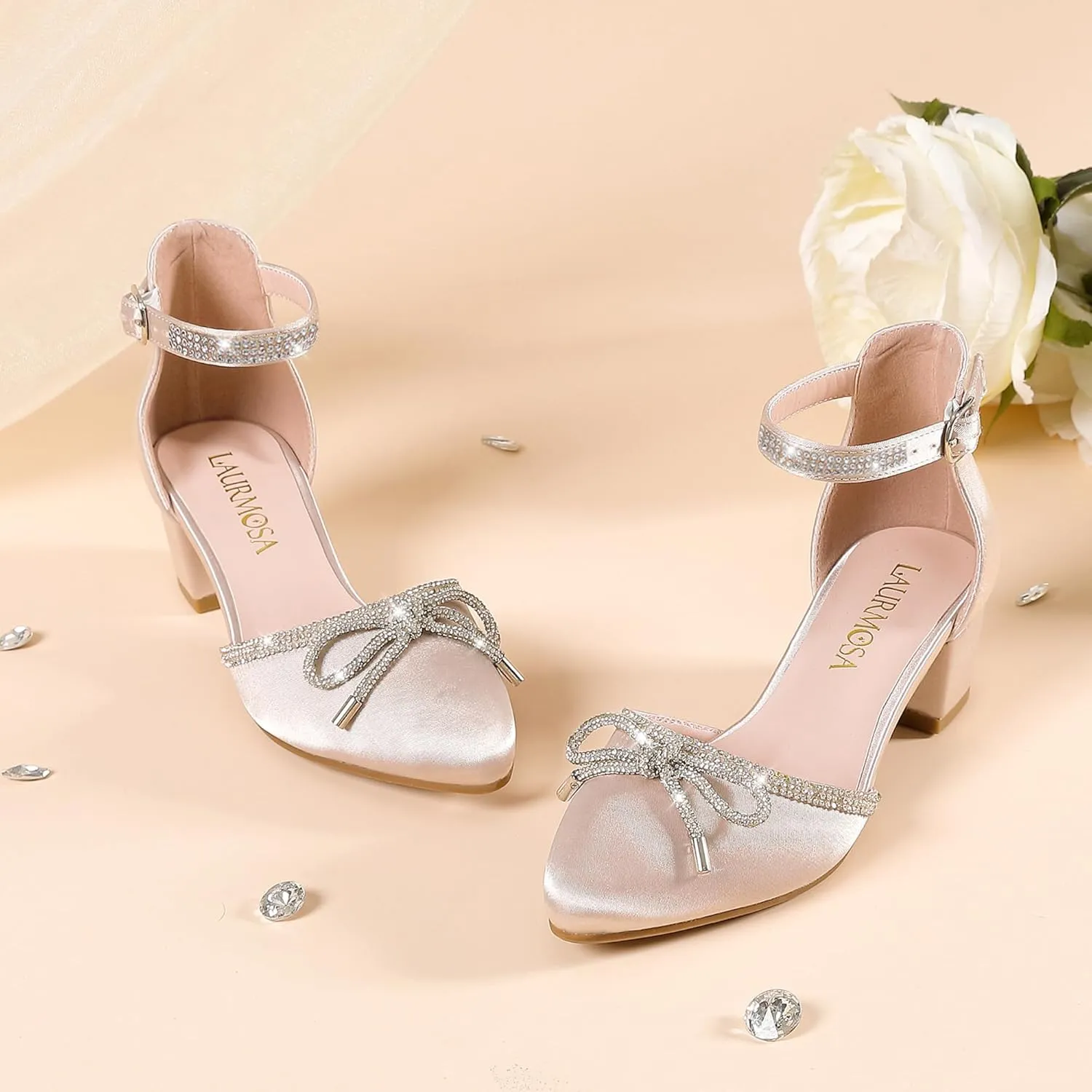 Girls Sandals Closed Toe High Heels Pointed Toe Ankle Strap Pumps Flower Girl Dressy Shoes in Wedding Party Cute Bowknot Chunky Block Heeled for Little Big Kids