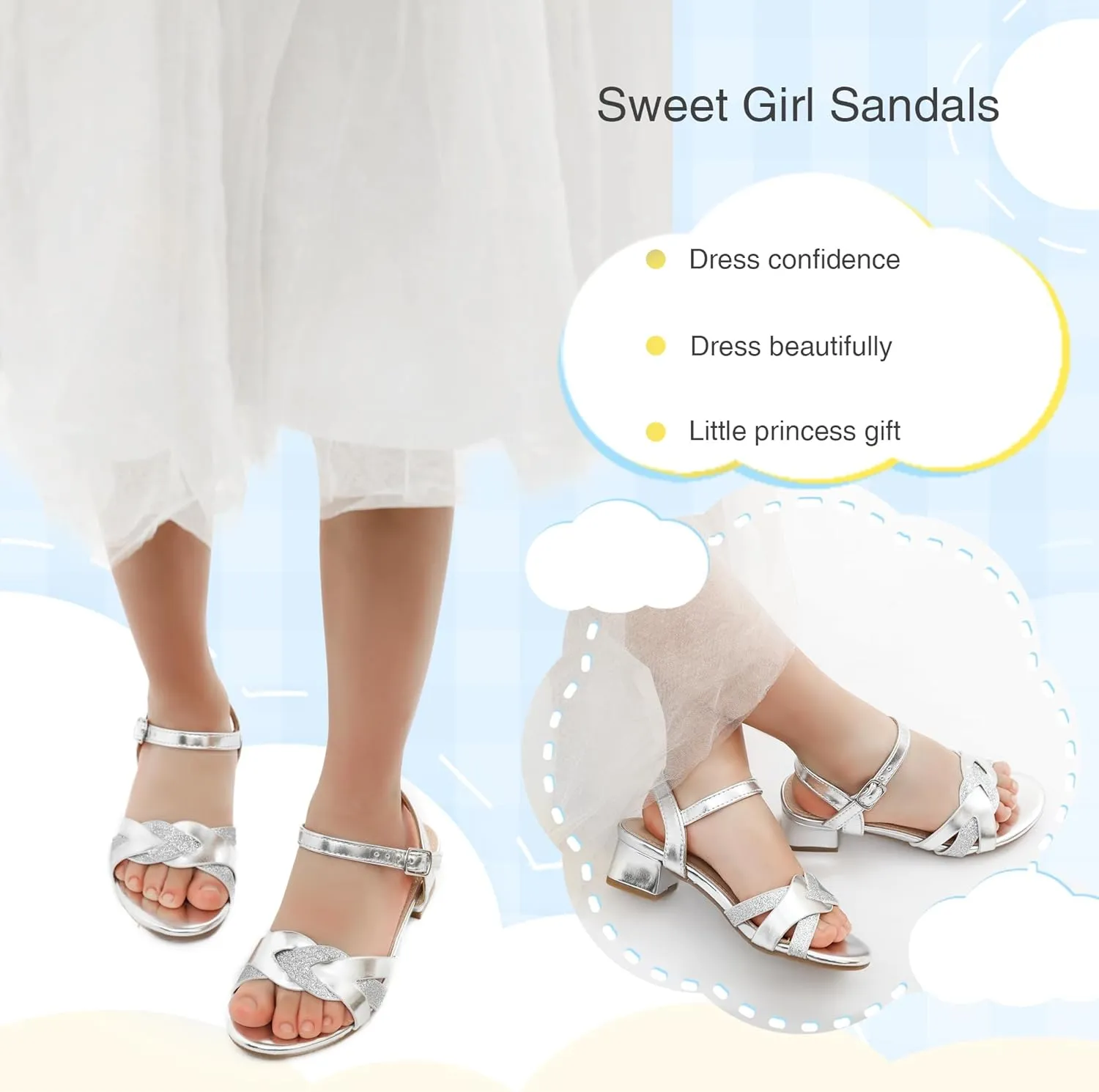 Girls Sandals Low Heels Girl Dress Shoes Open Toe Flower Girl Wedding Party for Toddler Little Big Kid