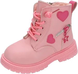 Girls Winter Boots With Soft Sole, Side Zip, Heart Design - Fashion Princess Combat Leather Boots
