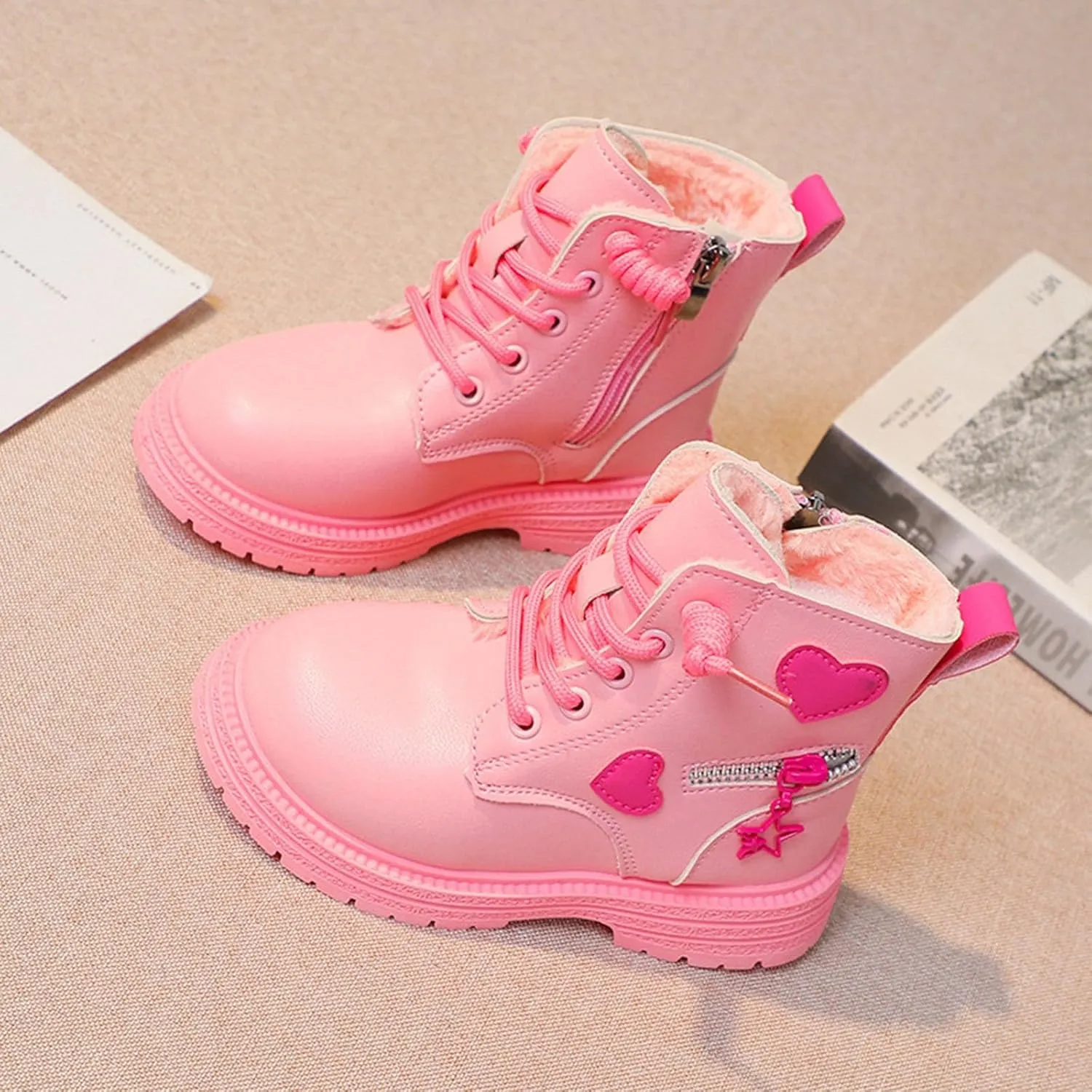 Girls Winter Boots With Soft Sole, Side Zip, Heart Design - Fashion Princess Combat Leather Boots