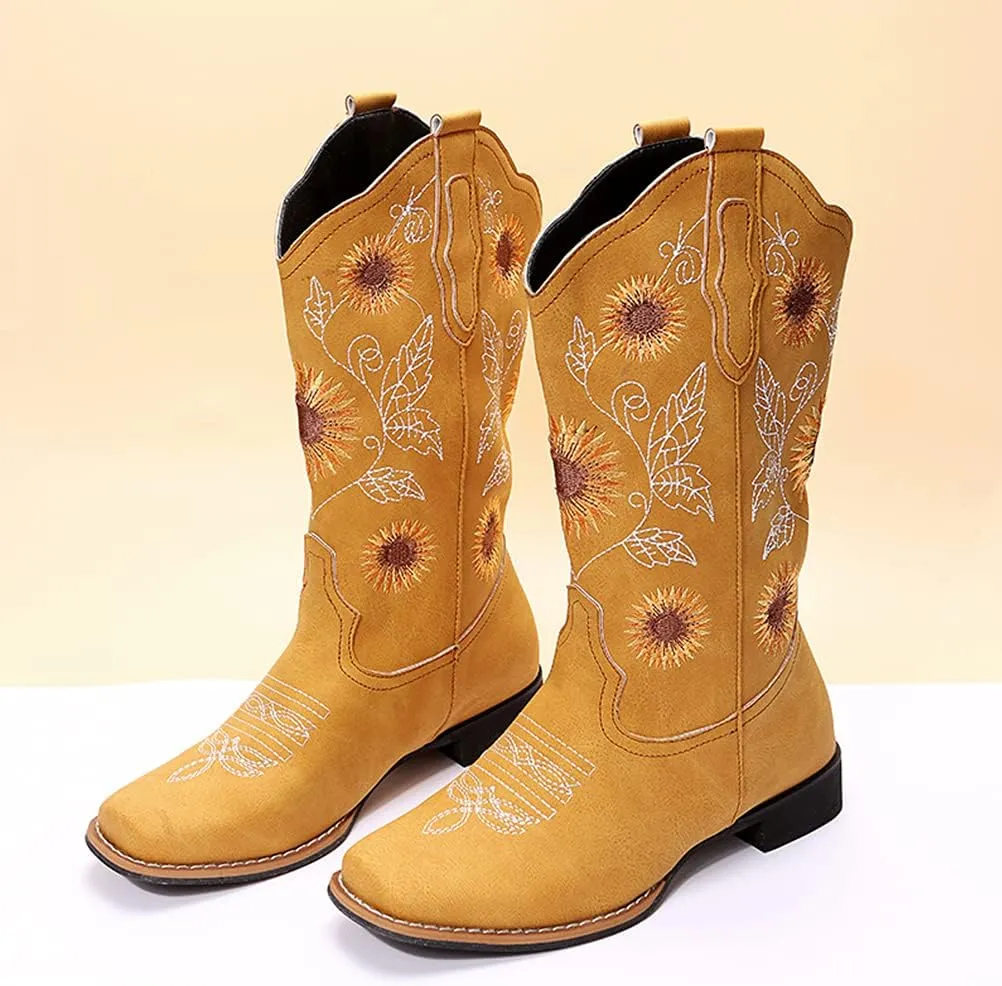 gloryinterest Cowboy Boots for Women Mid Calf Cowgirl Western Boots Sunflower Embroidery Stitched Square Toe Low Heel Black Brown Yellow US6-10.5