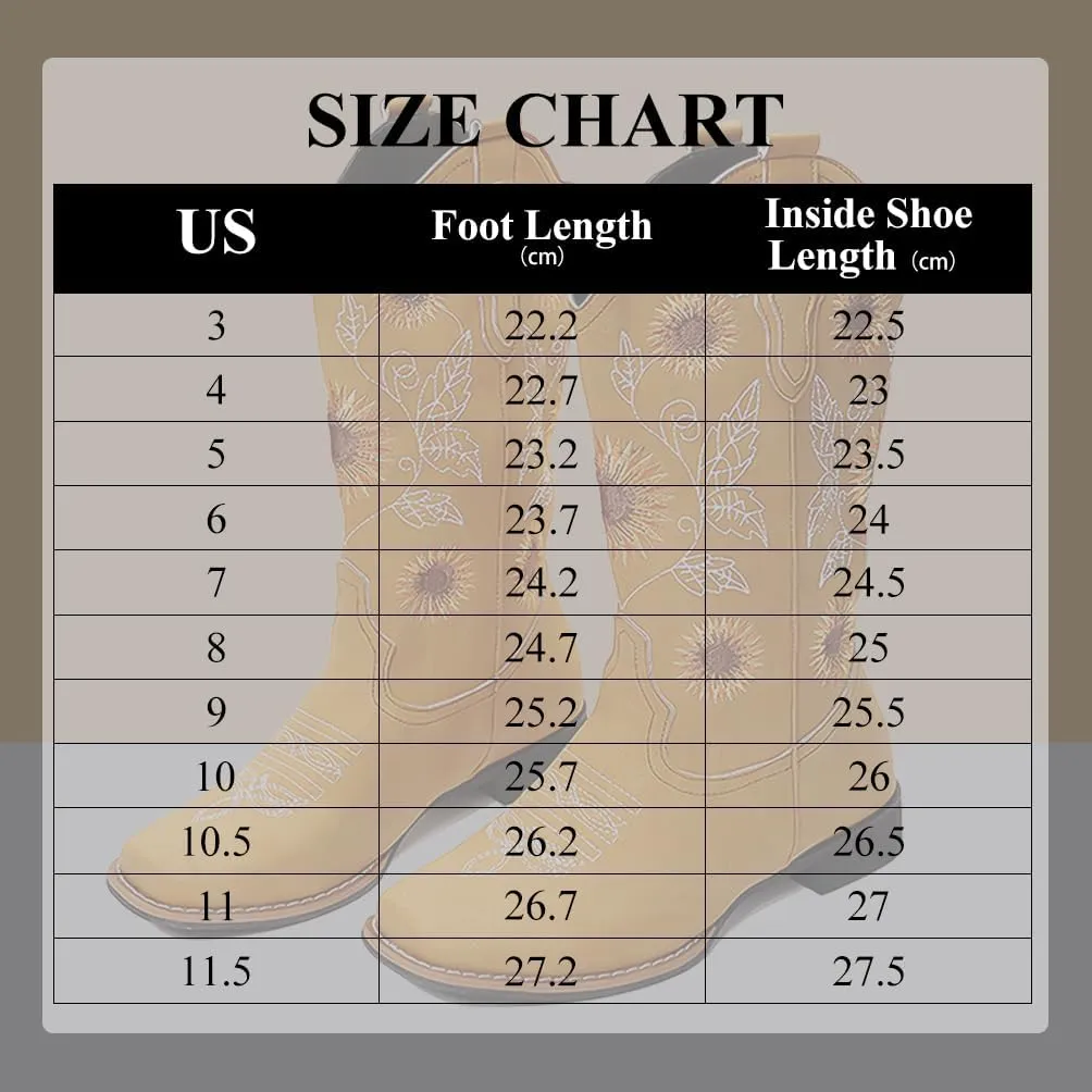 gloryinterest Cowboy Boots for Women Mid Calf Cowgirl Western Boots Sunflower Embroidery Stitched Square Toe Low Heel Black Brown Yellow US6-10.5