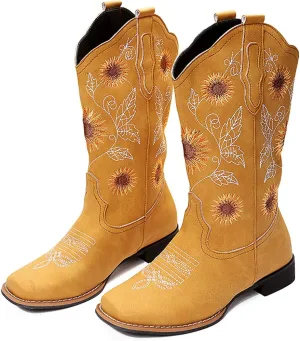 gloryinterest Cowboy Boots for Women Mid Calf Cowgirl Western Boots Sunflower Embroidery Stitched Square Toe Low Heel Black Brown Yellow US6-10.5
