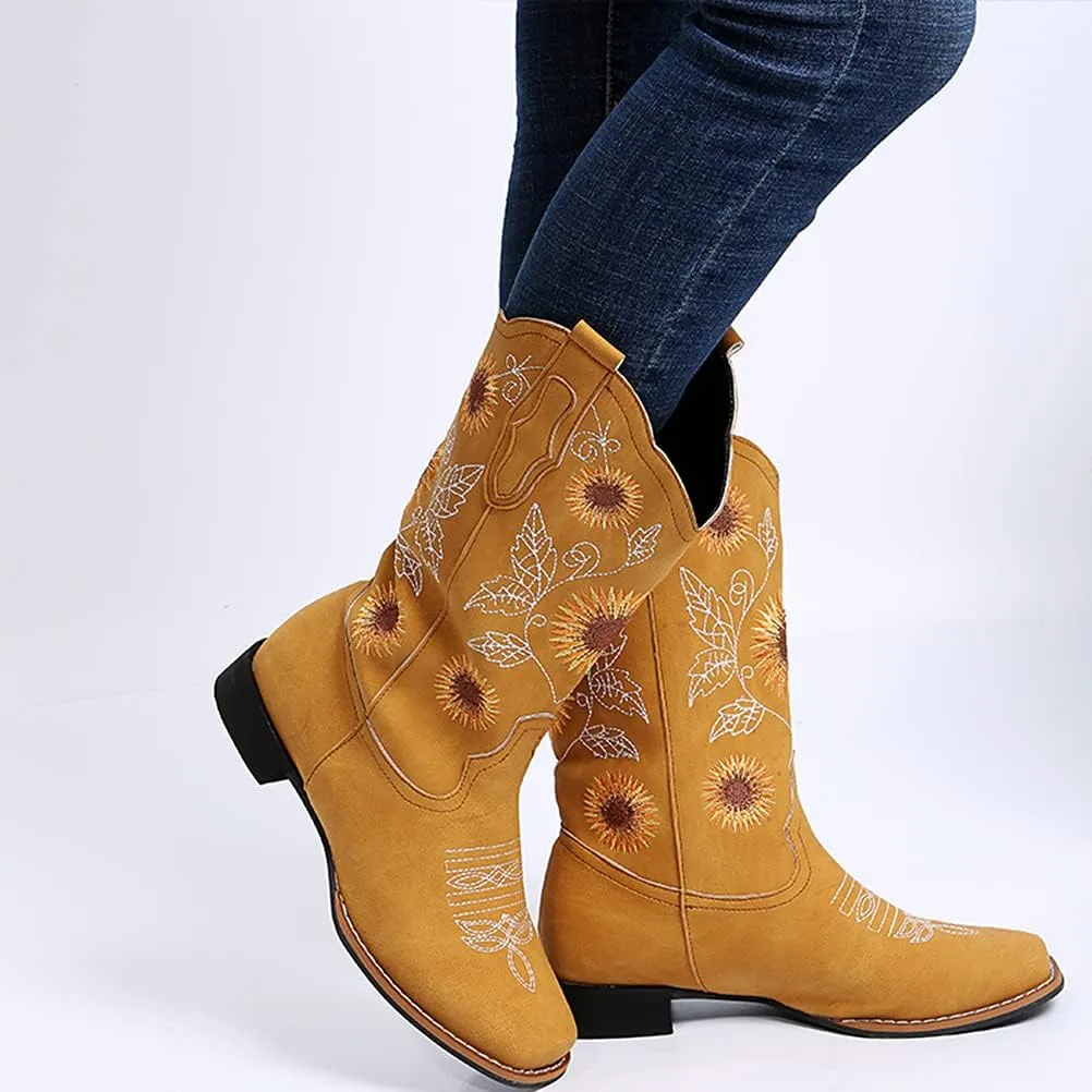 gloryinterest Cowboy Boots for Women Mid Calf Cowgirl Western Boots Sunflower Embroidery Stitched Square Toe Low Heel Black Brown Yellow US6-10.5