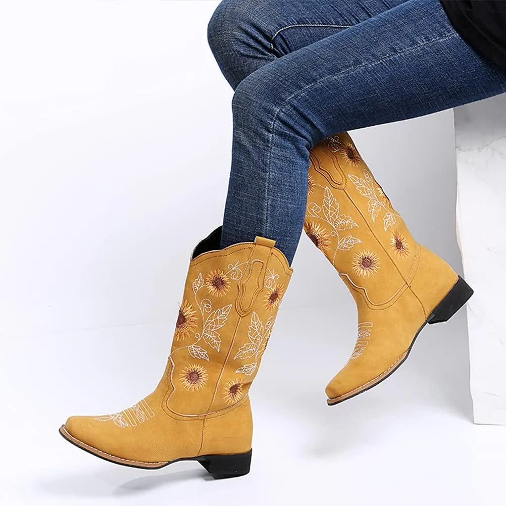 gloryinterest Cowboy Boots for Women Mid Calf Cowgirl Western Boots Sunflower Embroidery Stitched Square Toe Low Heel Black Brown Yellow US6-10.5