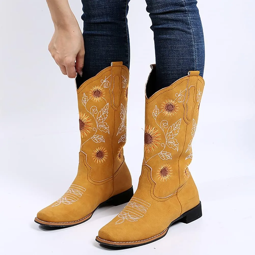 gloryinterest Cowboy Boots for Women Mid Calf Cowgirl Western Boots Sunflower Embroidery Stitched Square Toe Low Heel Black Brown Yellow US6-10.5