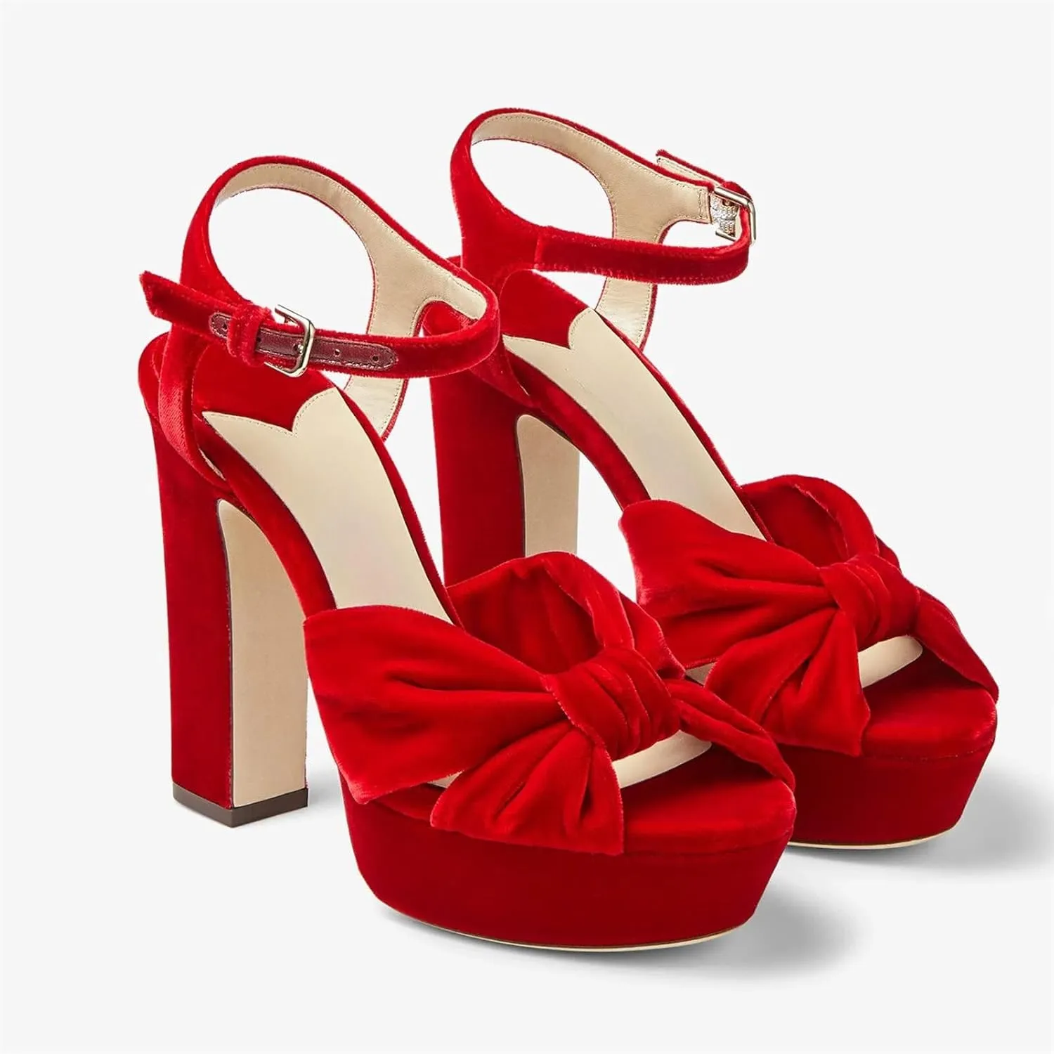Goolita Bow Metallic Platform Heels for Women, Chunky Buckle Ankle Strap Heeled Sandals Sexy Peep Toe Wedding Bridal Shoes