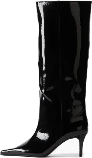 Goolita Burgundy Knee High Boots For Women, Pointed Toe Kitten Heel Wide Calf Boots Cherry Red Slip On Dress Tall Boots
