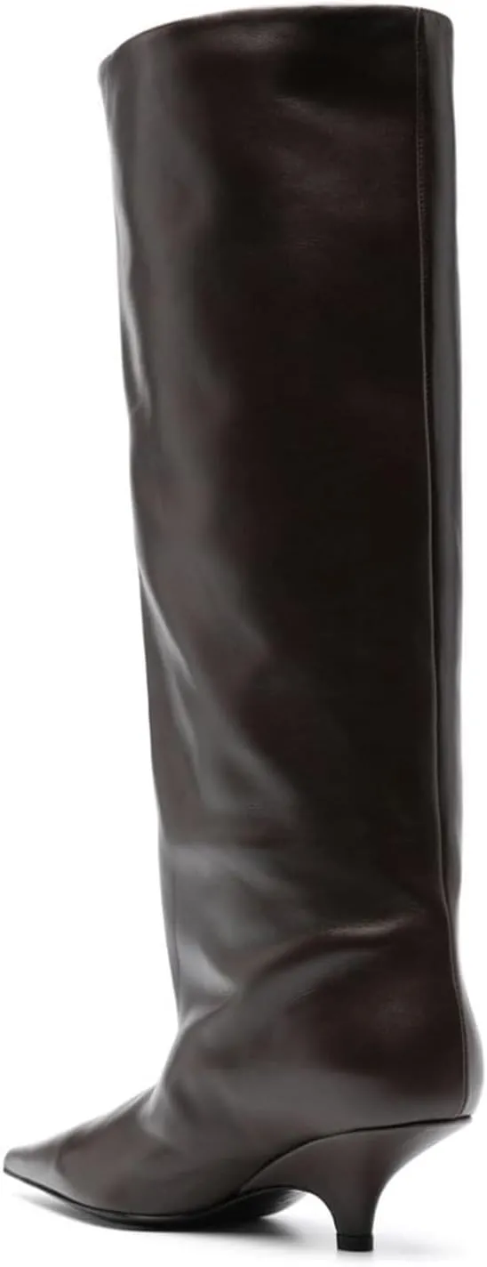 Goolita Burgundy Knee High Boots For Women, Pointed Toe Kitten Heel Wide Calf Boots Cherry Red Slip On Dress Tall Boots