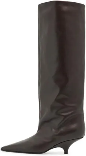 Goolita Burgundy Knee High Boots For Women, Pointed Toe Kitten Heel Wide Calf Boots Cherry Red Slip On Dress Tall Boots