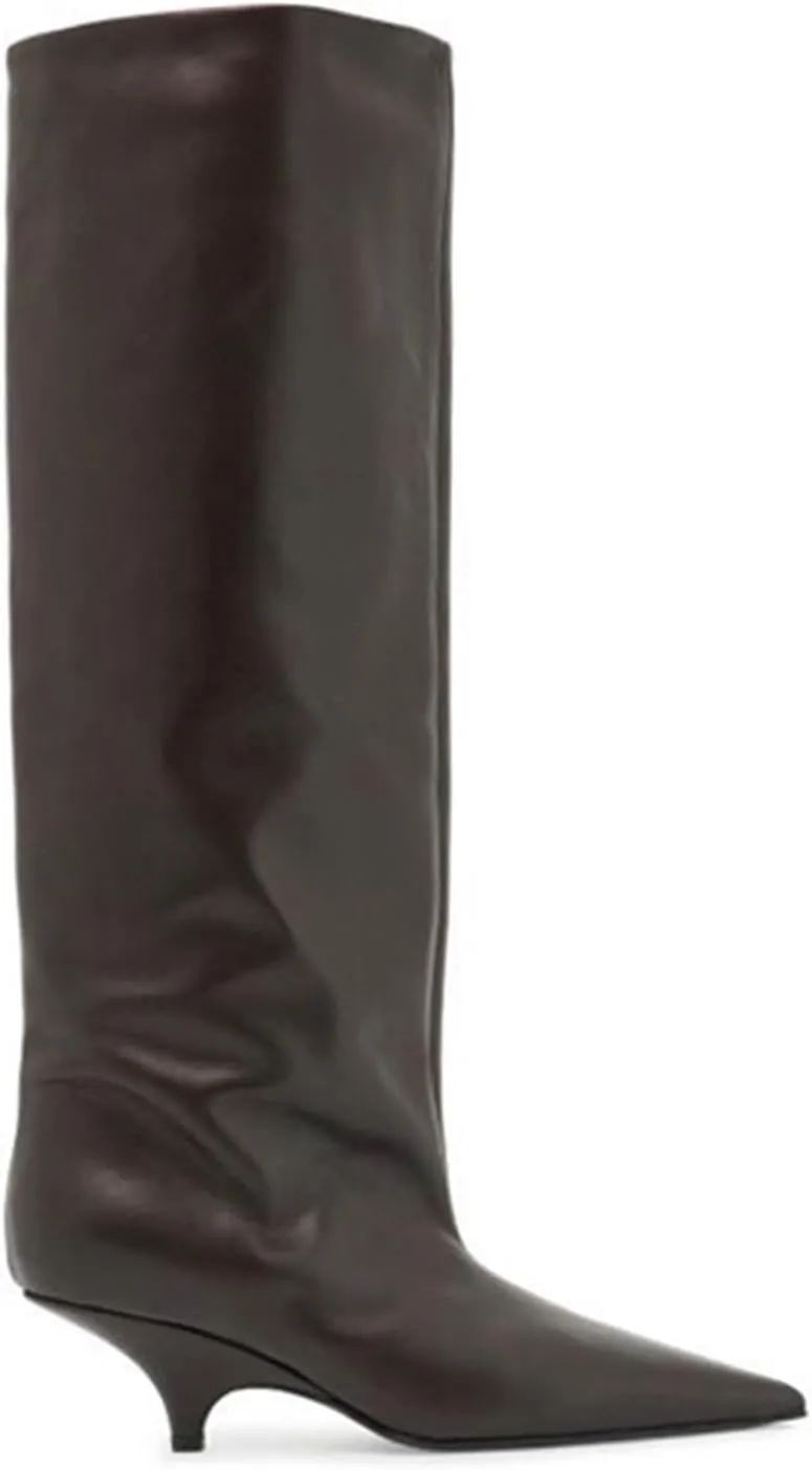 Goolita Burgundy Knee High Boots For Women, Pointed Toe Kitten Heel Wide Calf Boots Cherry Red Slip On Dress Tall Boots