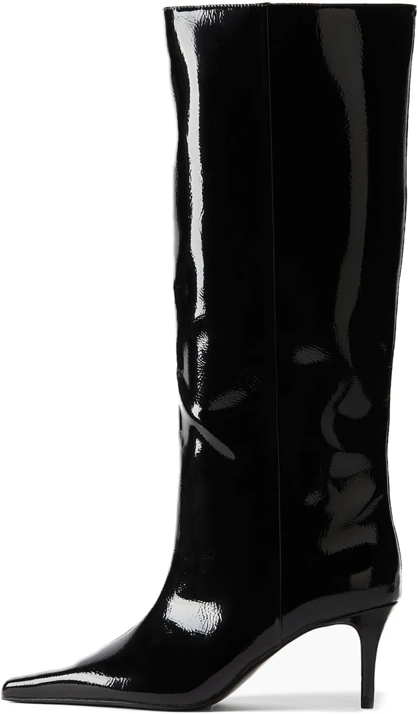 Goolita Burgundy Knee High Boots For Women, Pointed Toe Kitten Heel Wide Calf Boots Cherry Red Slip On Dress Tall Boots