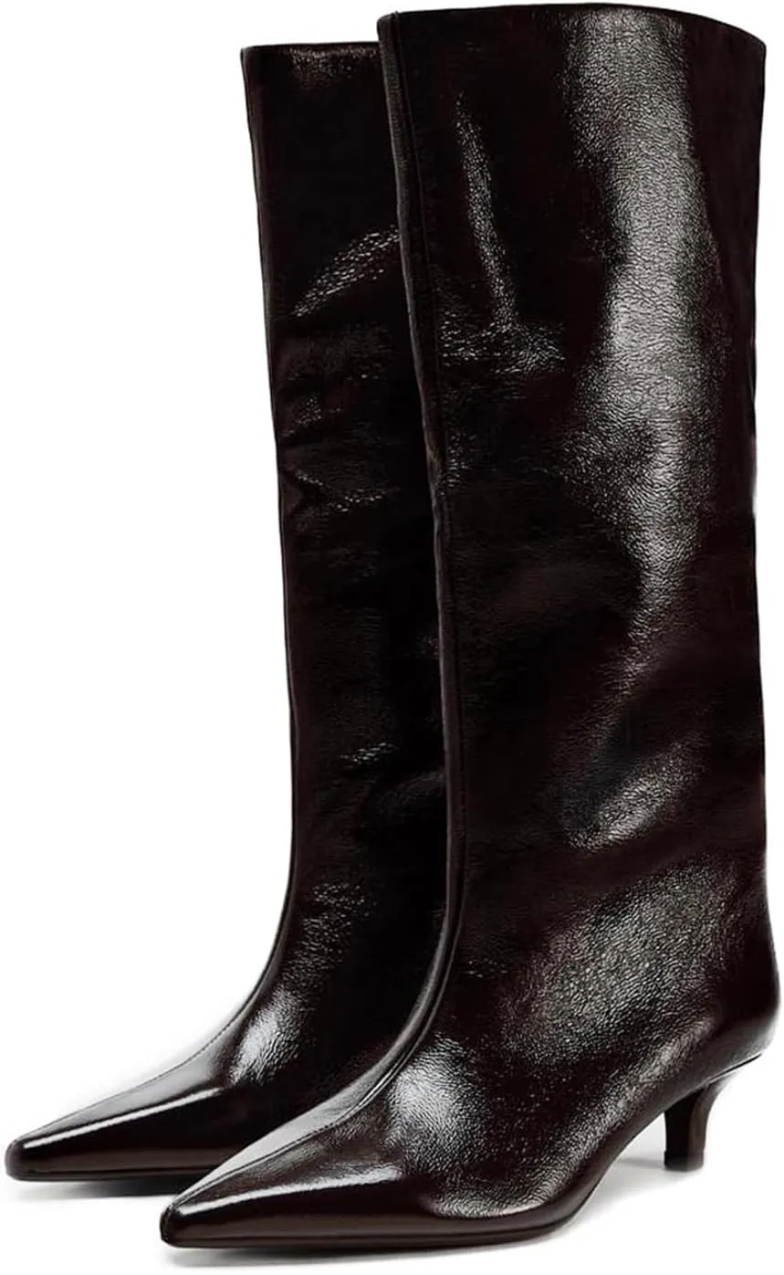 Goolita Burgundy Knee High Boots For Women, Pointed Toe Kitten Heel Wide Calf Boots Cherry Red Slip On Dress Tall Boots