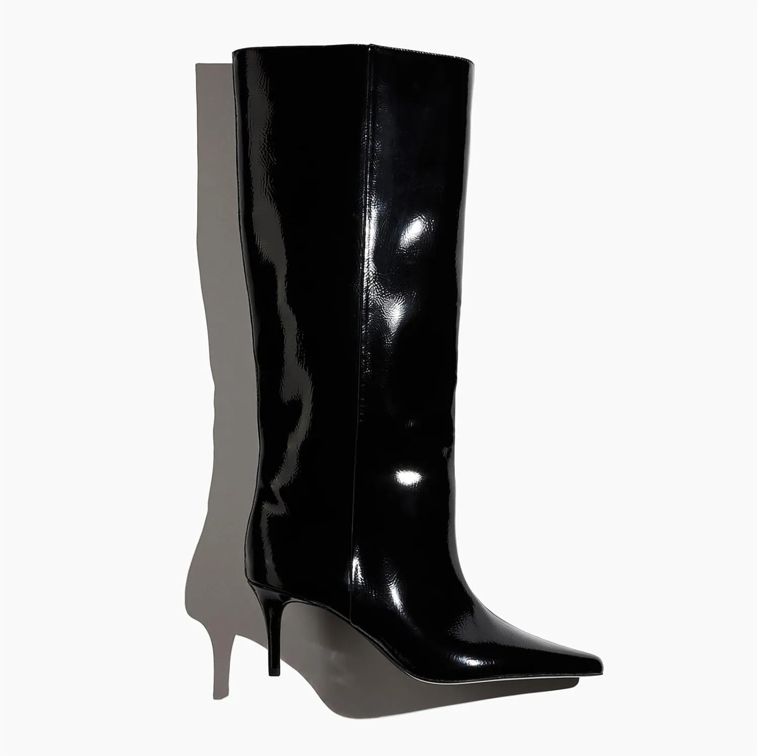 Goolita Burgundy Knee High Boots For Women, Pointed Toe Kitten Heel Wide Calf Boots Cherry Red Slip On Dress Tall Boots
