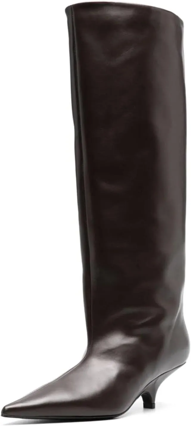 Goolita Burgundy Knee High Boots For Women, Pointed Toe Kitten Heel Wide Calf Boots Cherry Red Slip On Dress Tall Boots