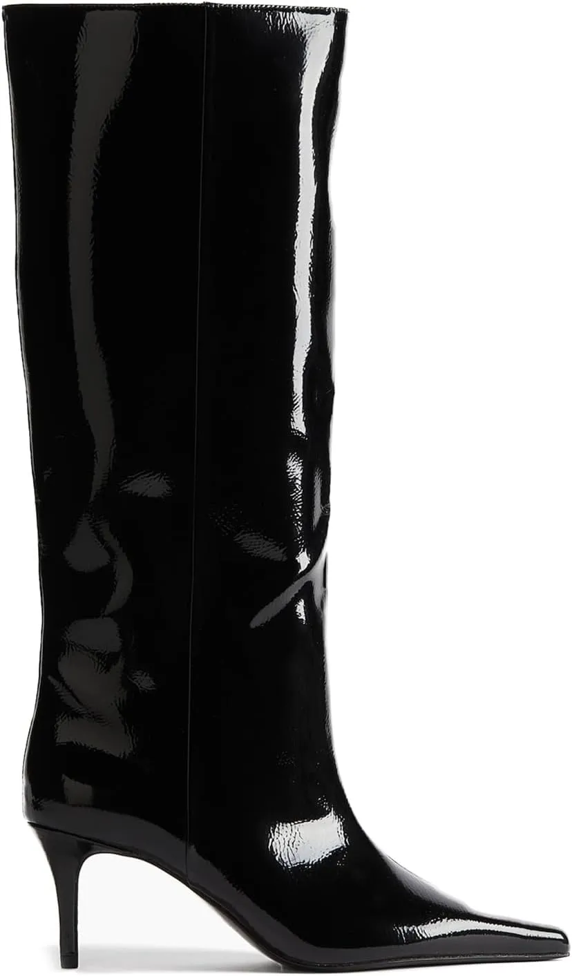 Goolita Burgundy Knee High Boots For Women, Pointed Toe Kitten Heel Wide Calf Boots Cherry Red Slip On Dress Tall Boots