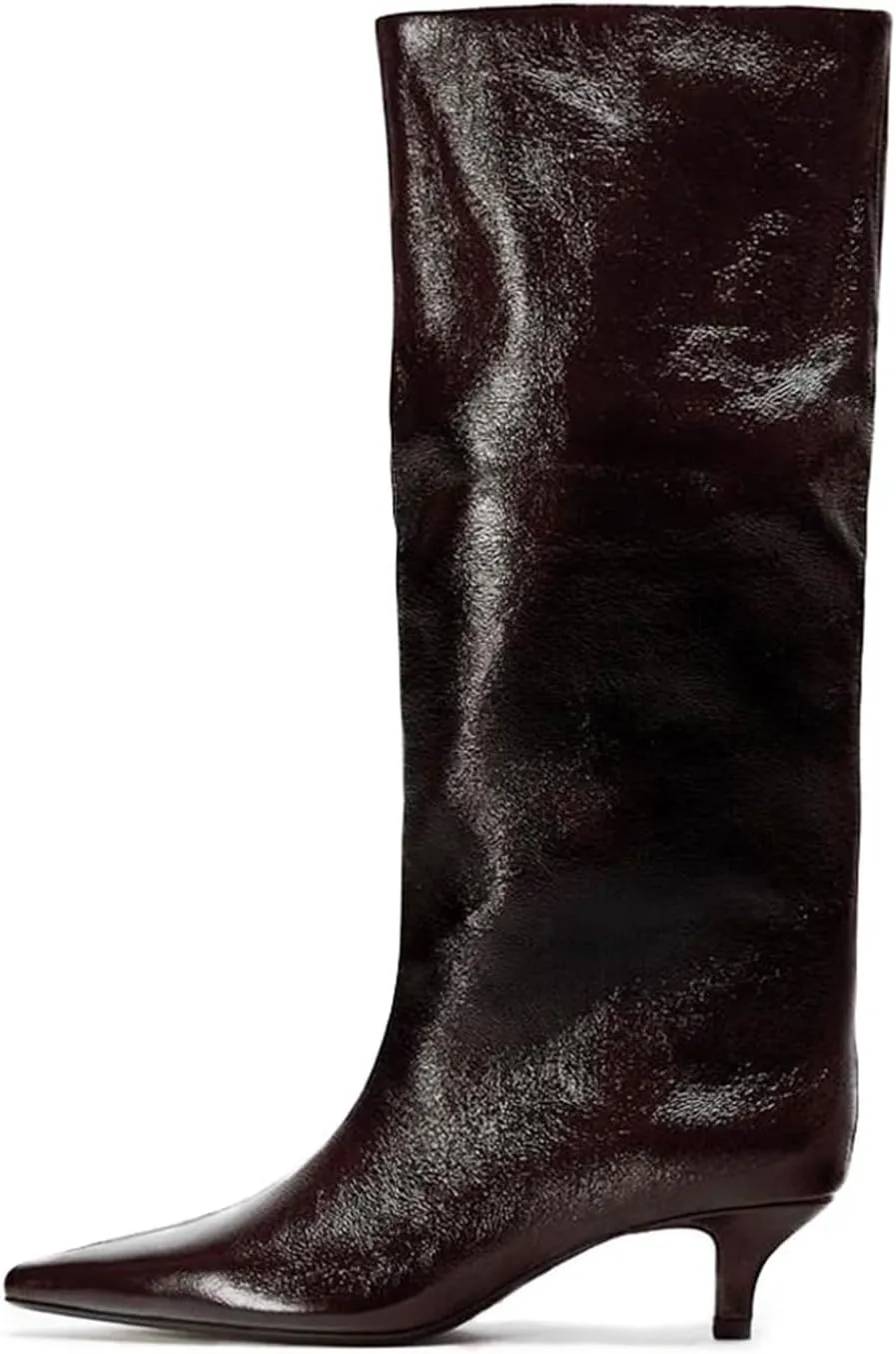 Goolita Burgundy Knee High Boots For Women, Pointed Toe Kitten Heel Wide Calf Boots Cherry Red Slip On Dress Tall Boots