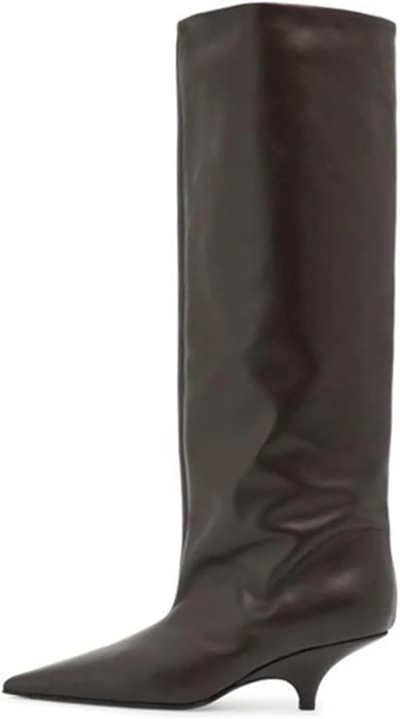 Goolita Burgundy Knee High Boots For Women, Pointed Toe Kitten Heel Wide Calf Boots Cherry Red Slip On Dress Tall Boots