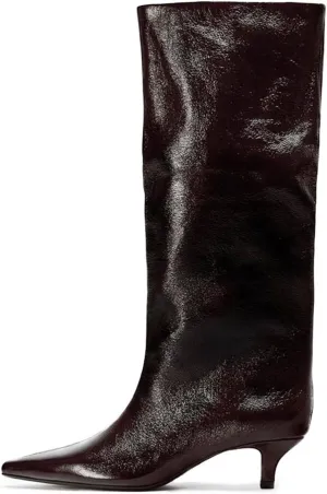 Goolita Burgundy Knee High Boots For Women, Pointed Toe Kitten Heel Wide Calf Boots Cherry Red Slip On Dress Tall Boots