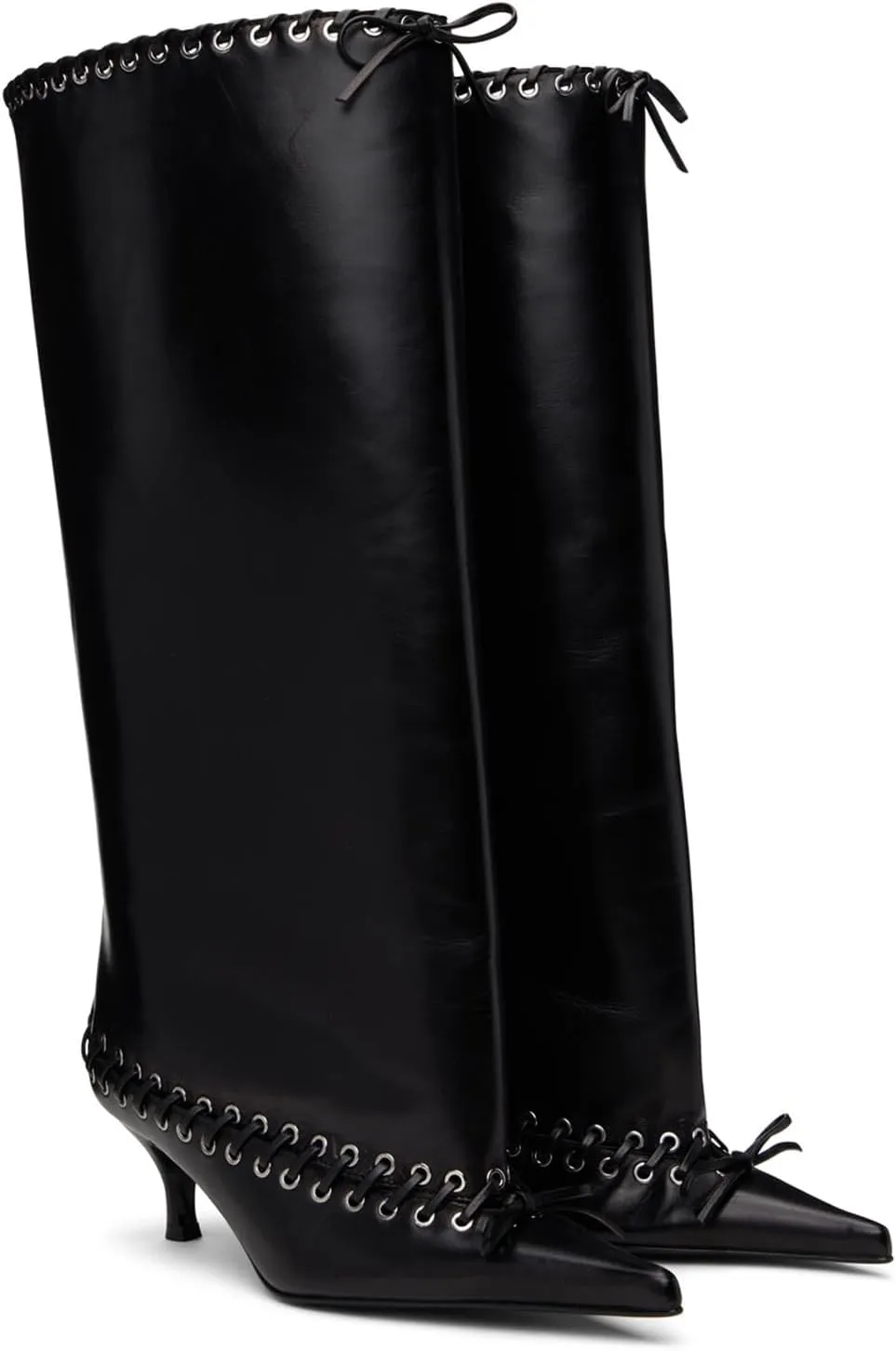 Goolita Metal Eyelets Pointed Toe Wide Calf Knee High Boots For Women Kitten Heel Lace Up Bow Pull On Tall Boots