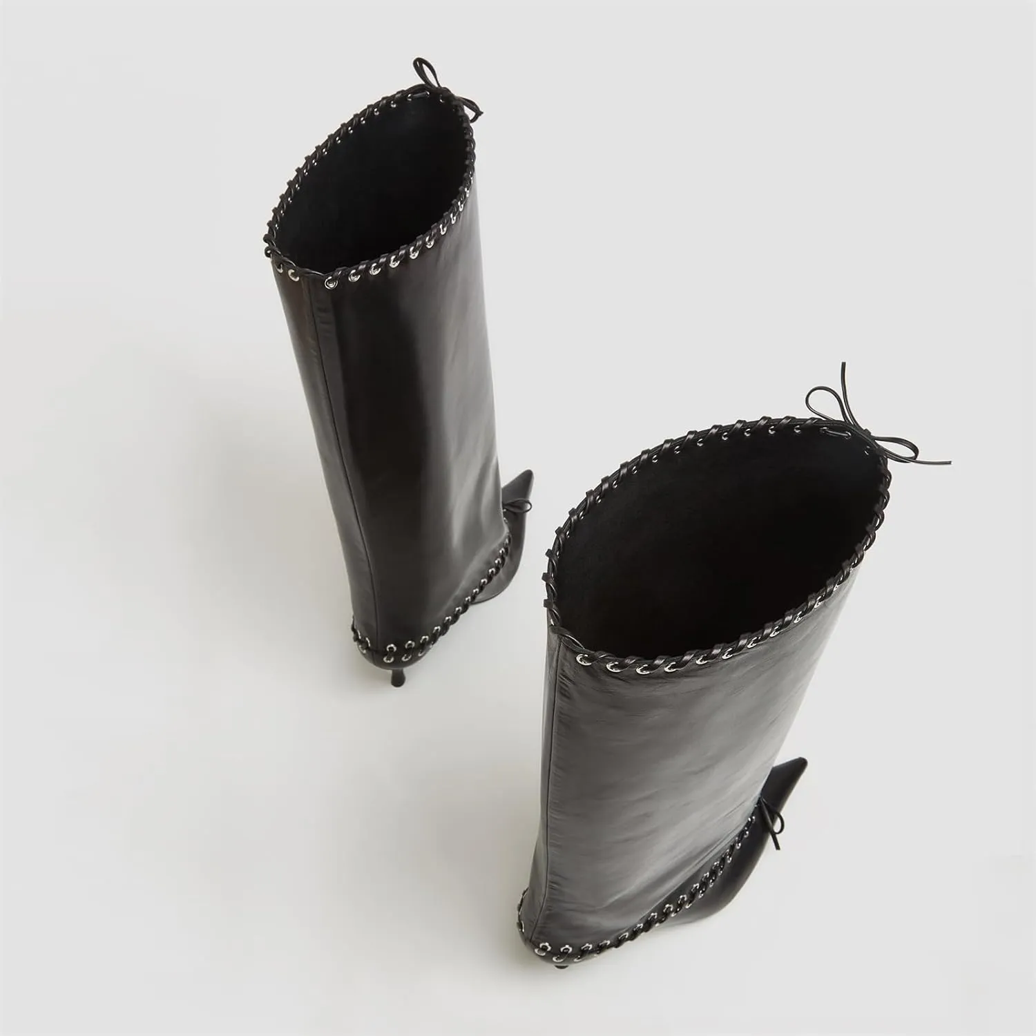 Goolita Metal Eyelets Pointed Toe Wide Calf Knee High Boots For Women Kitten Heel Lace Up Bow Pull On Tall Boots
