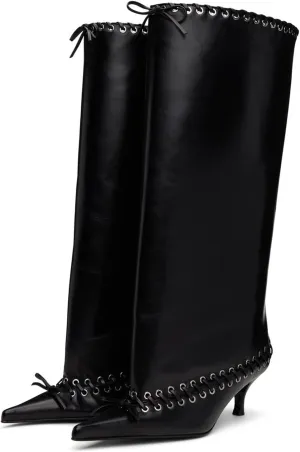 Goolita Metal Eyelets Pointed Toe Wide Calf Knee High Boots For Women Kitten Heel Lace Up Bow Pull On Tall Boots