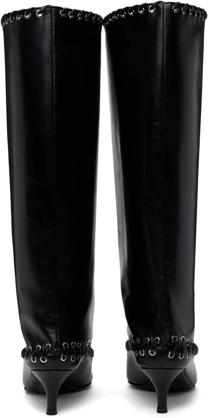 Goolita Metal Eyelets Pointed Toe Wide Calf Knee High Boots For Women Kitten Heel Lace Up Bow Pull On Tall Boots