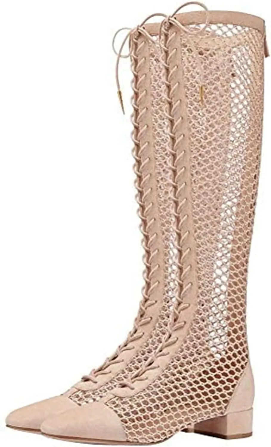 Goolita Square Toe Lace Up Mesh Gladiator Sandals For Women Knee High Summer Booties Back Zipper Block Low Heel Sandals Boots