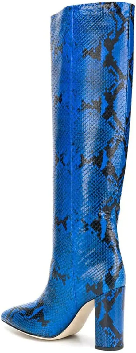 Goolita Women's Knee High Snakeskin Boots Chunky Heel Wide Calf Pull on Long Bootie