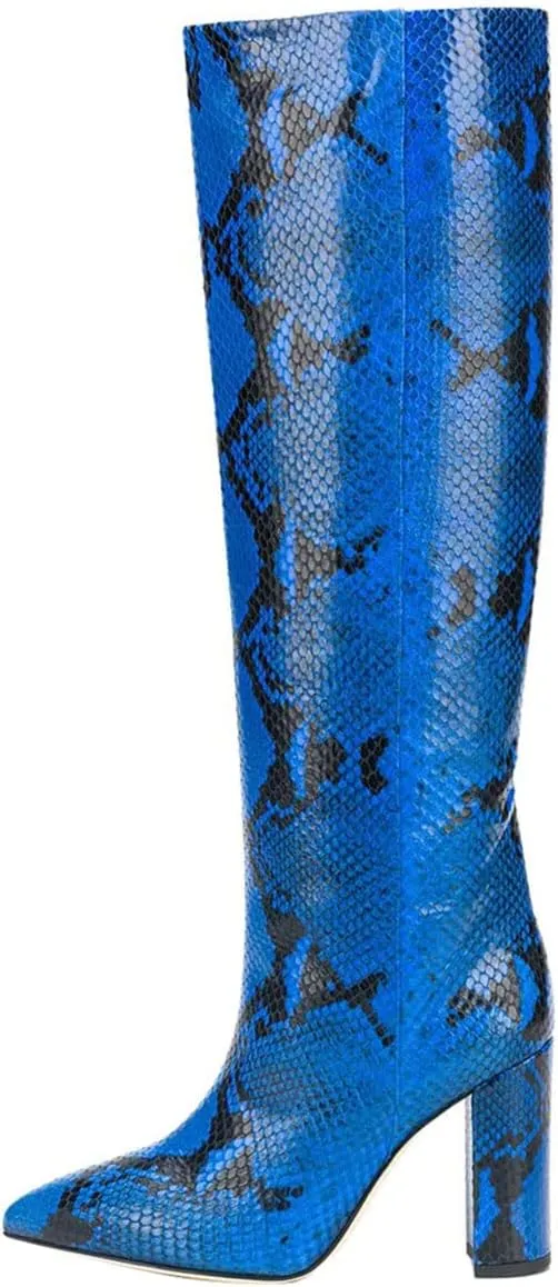 Goolita Women's Knee High Snakeskin Boots Chunky Heel Wide Calf Pull on Long Bootie